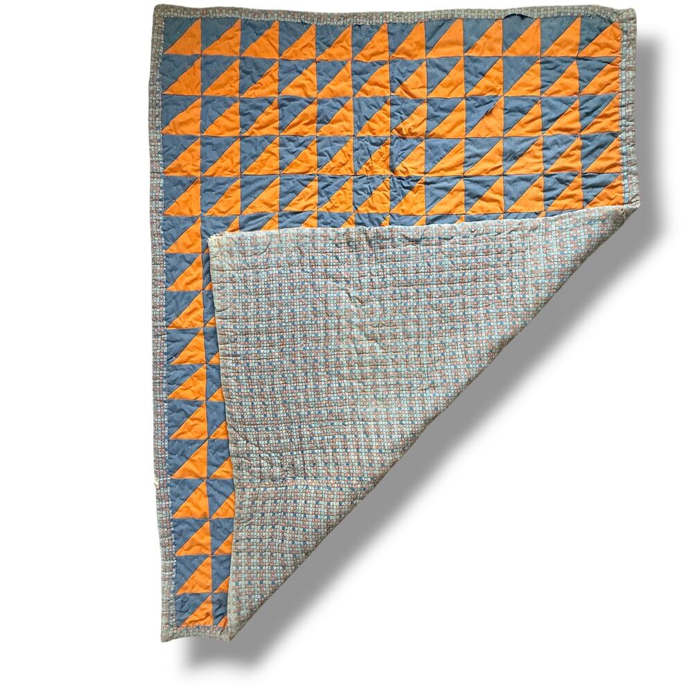 Handmade Patchwork Quilt 60x79 Orange Blue Half Square Triangle Hand Tied